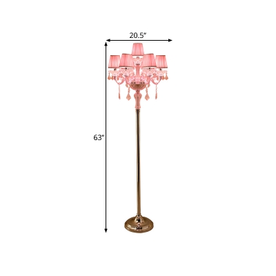 Fabric Pleated Lampshade Reading Floor Lamp Traditional 5/6/7 Lights Living Room Standing Light in Pink