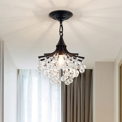 Flared Corridor Pendant Light Fixture Vintage Crystal Orbs 1-Head Black/Gold Hanging Lamp Kit