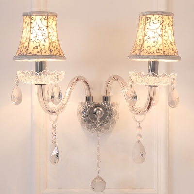 Flared Fabric Shade Sconce Light Traditional 1/2 Heads Doorway Wall Lighting with Clear Crystal Decoration