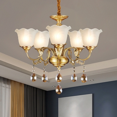 Frosted White Glass Ruffle Up Chandelier Antique 3/5 Lights Dining Room Hanging Lamp in Gold