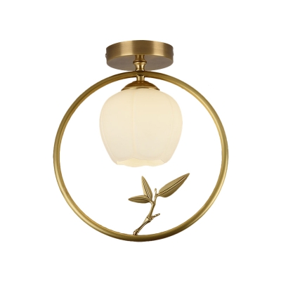 Globe Doorway Flush Mount Fixture Rustic Style Opal Glass 1-Head Brass Ceiling Light with Peacock/Plant/Branch Deco
