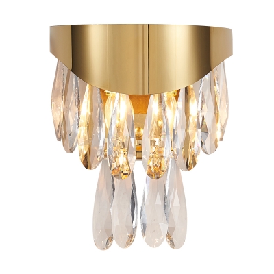Gold 2 Bulbs Flush Mount Wall Light Modern Cut Crystal Teardrops Sconce Lighting