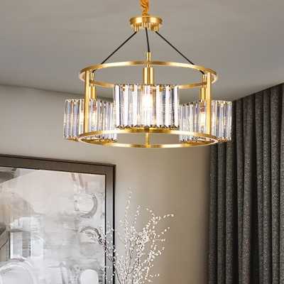 Gold Drum Frame Chandelier Postmodern Crystal Prism 3-Light Dining Room Hanging Lamp