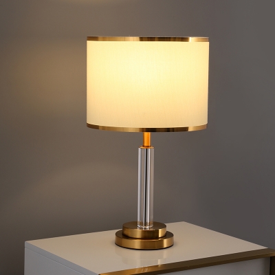 Gold Finish Drum Night Light Traditional Fabric 1 Head Bedside Table Lighting with Crystal Column