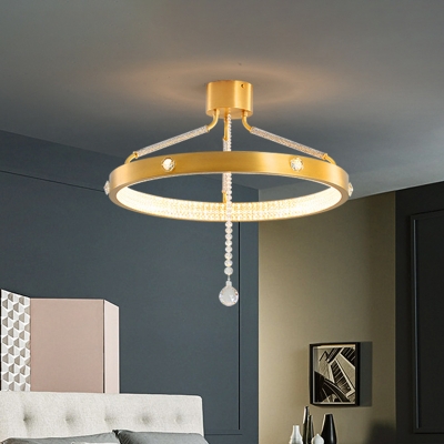 Metal Ring LED Close to Ceiling Lighting Modern Semi Flush Mount in Gold with Crystal Drop, 15.5