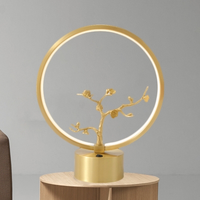 Metallic Branch Nightstand Light Post Modern LED Ring Table Lamp in Gold for Bedroom