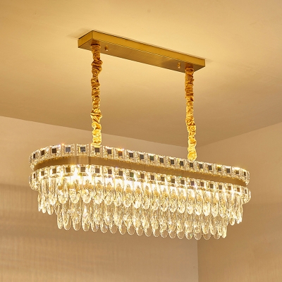 Modern Style Ellipse Hanging Pendant Light Crystal Block LED Island Lamp in Gold for Restaurant