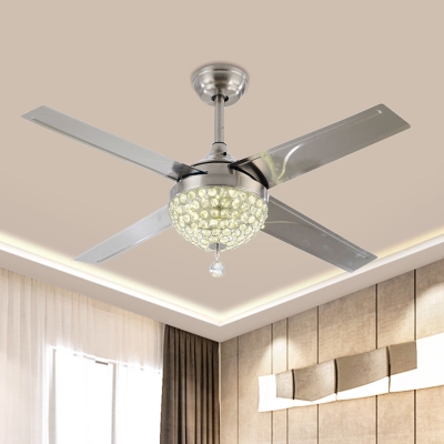 Nickel 4 Blades LED Fan Lighting Modern Crystal Dome Shade Semi Flush Ceiling Light Fixture, 52