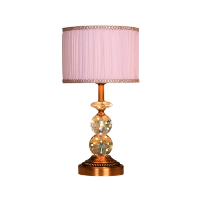 Pleated Lampshade/Drum Fabric Night Lamp Country Style 1-Light Bedside Nightstand Light in Pink/Coffee/Beige