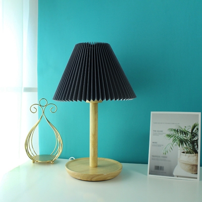 Pleated Paper Cone Nightstand Lamp Contemporary 1 Bulb Grey/Dark Grey/White Table Light with Wood Column and Base