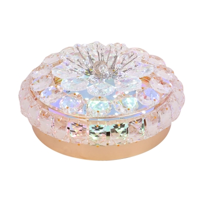 Round Mini Corridor Flush Mount Light Simplicity Cut Crystal Gold LED Ceiling Fixture in Warm/White Light
