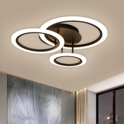 Round Sleeping Room Semi Flush Metallic LED Minimalist Ceiling Mounted Light in Black, 19.5