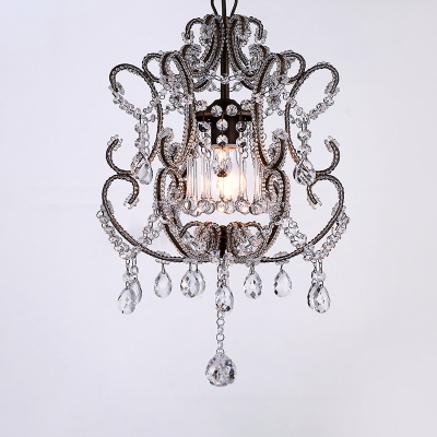 Scrolled Arm Metal Ceiling Hang Fixture Traditional Single Restaurant Pendulum Light in Champagne/Coffee with Crystal Bead Accents