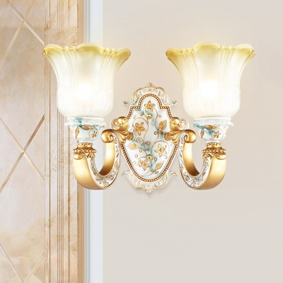Traditional Floral Shade Wall Mount Lamp 1/2 Light White Glass Wall Sconce Lighting in Gold