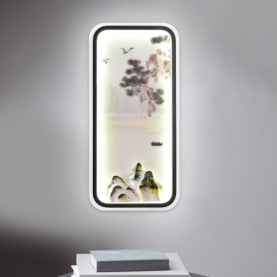 White Rectangle Wall Mural Lighting Asian Acrylic LED Landscape Wall Mounted Lamp in Warm/White Light