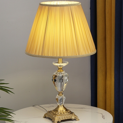 Yellow Conic Shade Nightstand Light Modernism Single Pleated Fabric Table Lighting with Crystal Stand