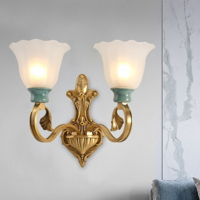 1/2 Heads Scallop Wall Lighting Fixture Colonial Brass Milk Glass Wall Mounted Light for Corridor