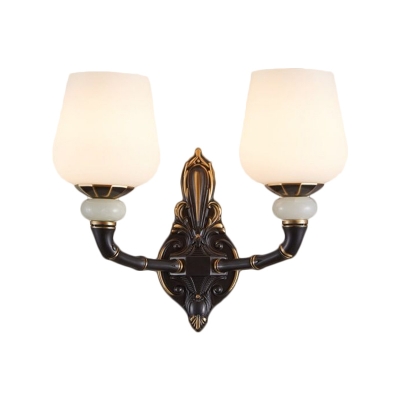 1/2 Lights Conical Wall Lamp Traditional Black and Gold Milk Glass Wall Mount Light Fixture
