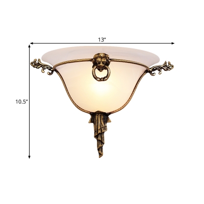 1 Bulb Flared Surface Wall Sconce Colonial Style Brass Opaline Glass Wall Mount Light
