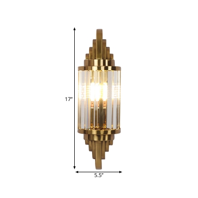 1 Bulb Living Room Surface Wall Sconce Contemporary Gold Wall Lighting with Cylinder Crystal Shade