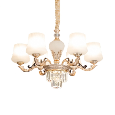3/6 Lights Chandelier Pendant Light Traditional Tapered Crystal Ceiling Lamp in Gold with White Glass Shades