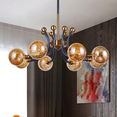Ball Shade Suspension Light Postmodern Amber Glass 8/9 Lights Black and Gold Chandelier Lamp Fixture