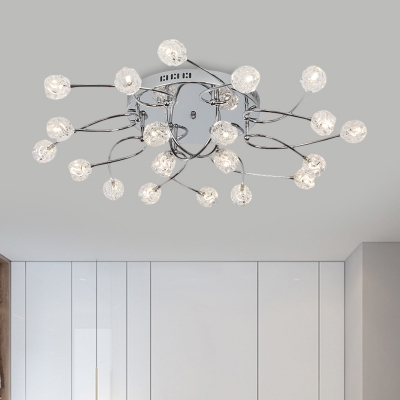 Beveled Crystal Ball Ceiling Light Fixture Minimal Style 12/16/20 Bulbs Chrome Semi Flush with Curved Arm