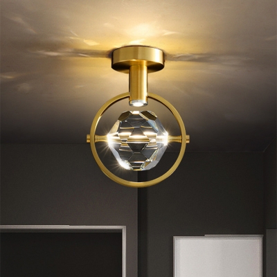 Beveled Cut Crystal LED Ceiling Flush Simple Brass Circle/Semicircle Foyer Semi Flush Mount Light Fixture