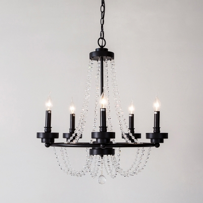 Black 5 Bulbs Chandelier Traditional Metal Candelabra Hanging Pendant with Cascading Glass Crystal Accents