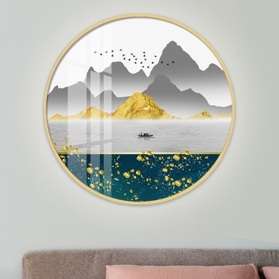 Black/Gold Round LED Wall Mural Sconce Asian Metallic Wall Mount Light with Bamboo/Mountain and River Pattern