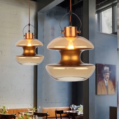 Brass 1 Light Pendant Lamp Antique Amber Glass Gourd/Schoolhouse/Mushroom Suspension Lighting Fixture
