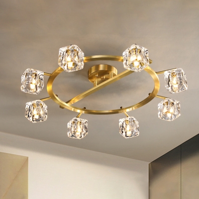 Brass 6/8 Bulbs Semi Flush Ceiling Light Post-Modern Clear Crystal Cube Circular Flush-Mount Light Fixture