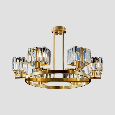 Brass Circular Flush Mount Chandelier Postmodern Clear Crystal Prism 4/6 Lights Bedroom Semi Flush Light