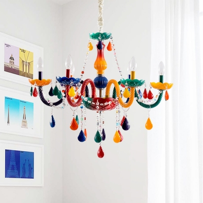Candlestick Nursery Chandelier Light Metal 6-Head Kids Style Suspension Lamp in Red-Yellow with Crystal Bead Deco