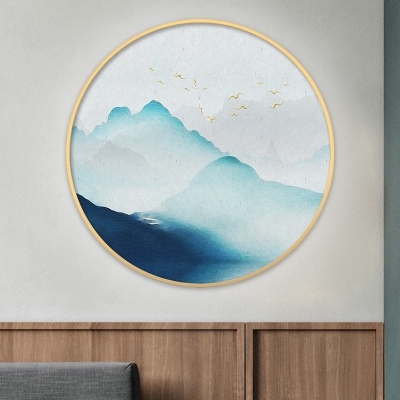 Chinese Style Round Wall Lighting Wood Mountain and Bird LED Wall Mural Mount Light in Blue