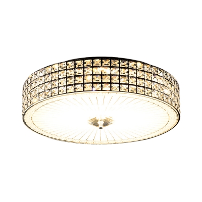 Clear Beveled Crystal LED Ceiling Lamp Simple Style Nickel Drum Bedroom Flush Mount Light Fixture, 16