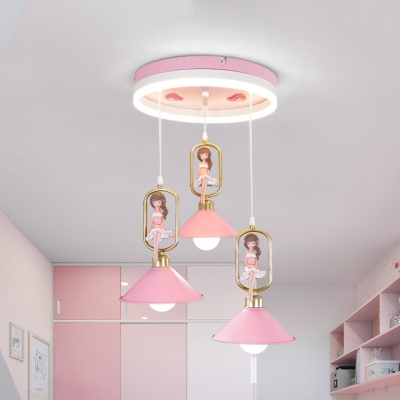 Cone Multi Pendant Light Kids Style Metal 3 Bulbs Pink Ceiling Hang Fixture with Cartoon Girl Deco