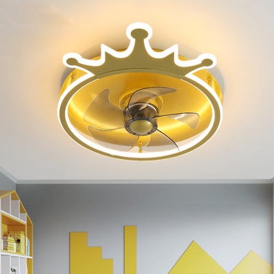 Crown Kids Bedroom 5-Blade Semi Flush Metallic LED Cartoon Hanging Fan Lamp Fixture in Gold, 16