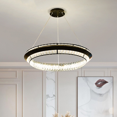 Crystal Encrusted Hoop Chandelier Minimalist Living Room LED Pendant Lighting in Black