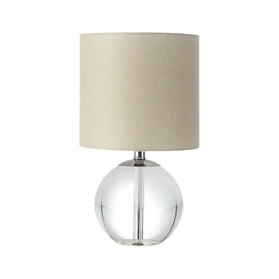 Cylinder Bedroom Nightstand Lamp Rural Style Fabric 1 Head Beige Table Lamp with Globe Crystal Base