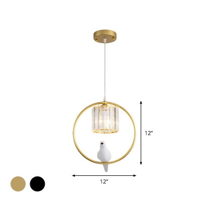 Cylindrical Clear Crystal Ceiling Light Contemporary 1 Bulb Black/Gold Hanging Lamp with Bird Design