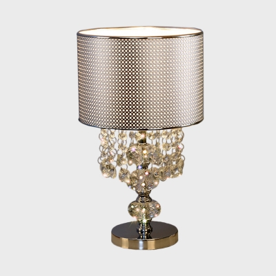 Drum Metal Mesh Table Lamp Traditional Single Head Bedroom Desk Lamp with Crystal Droplets in Chrome