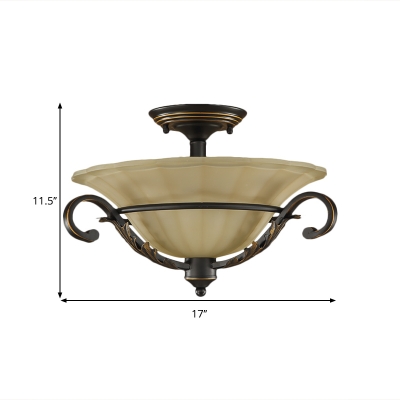 Flared Beige Glass Semi Mount Lighting Antiqued 3 Bulbs Dining Room Close to Ceiling Lamp in Bronze