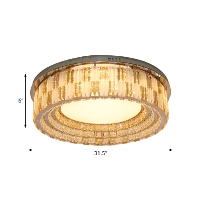Hollowed Out Drum Bedroom Ceiling Lamp Modern Clear Crystal Stainless Steel LED Flush Mount, 23.5