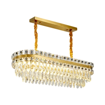 LED Hanging Light Modern 2-Layered Oblong Clear Crystal Island Pendant in Gold over Dining Table
