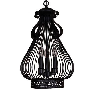 Metal Black Suspension Lighting Bird Cage 3-Bulb Industrial Chandelier Pendant Light