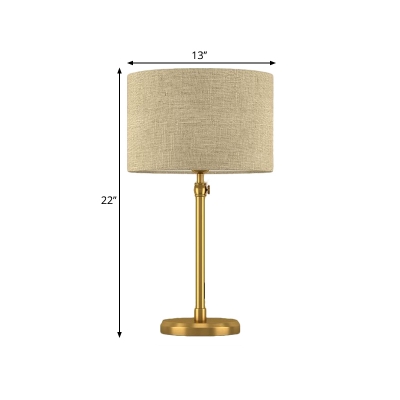Metallic Barrel Desk Light Colonial LED Living Room Night Table Lamp in Gold with Fabric Shade