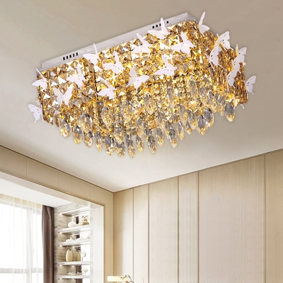 Modern Rectangle LED Ceiling Light Clear/Amber/Lake Blue Crystal Flush Mount with Butterflies Decor, Warm/White Light