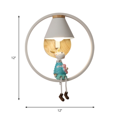Nordic Barrel Wall Mount Lamp Fabric Shade 1 Light Bedside Wall Lighting Ideas with Angel/Deer Deco in Pink/Blue