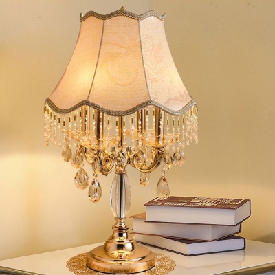 Paneled Bell Fabric Night Table Lamp Classic 4 Heads Bedside Nightstand Lighting in Gold with Crystal Accent